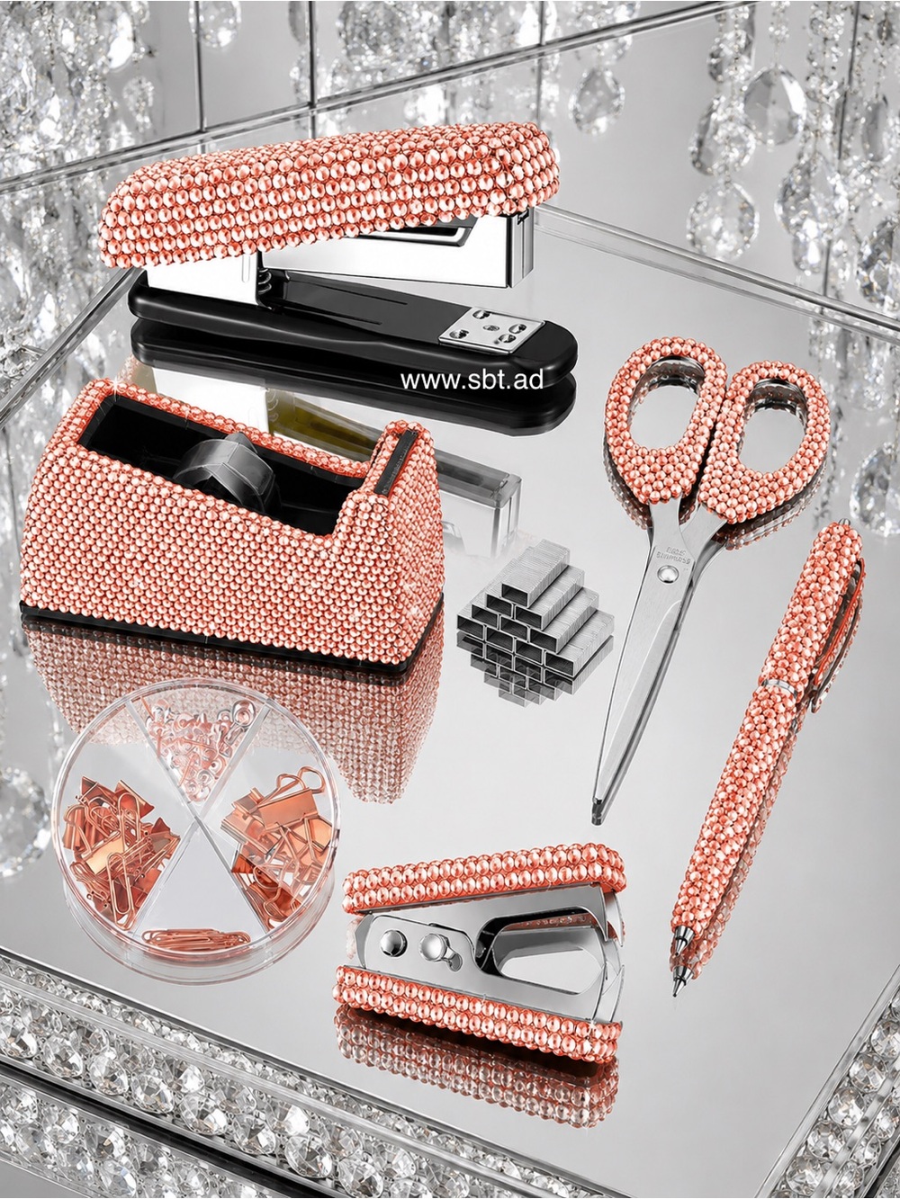 NEW Desk Accessories Set Sparkling Bling Crystal Rhinestones Rose Gold, Black +